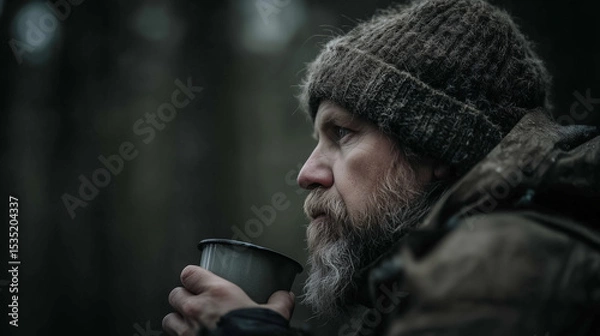 Obraz Man Drinking Coffee During Break in Nordic Forest, Early Spring