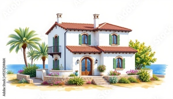 Obraz watercolor painting, mediterranean two story house with white stucco, red roof, seaside setting, white background, photorealistic