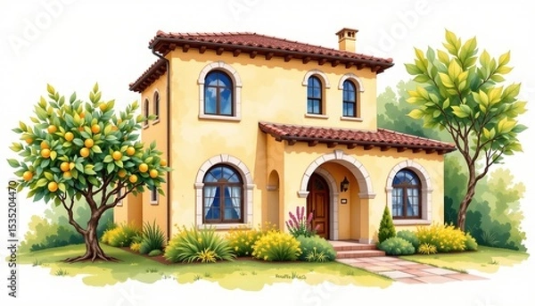 Obraz watercolor painting, mediterranean two story house with arched windows, ochre stucco, citrus grove setting, white background