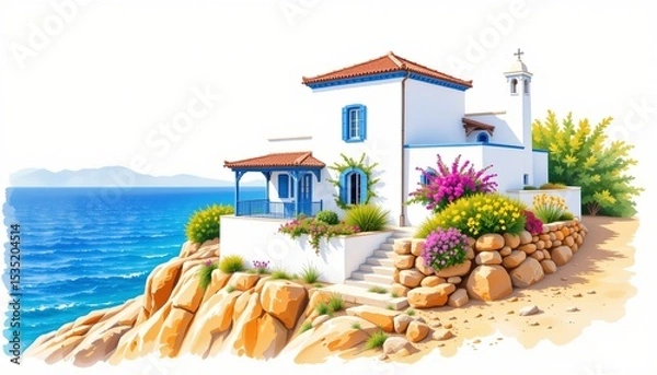Obraz watercolor painting, mediterranean two story house with white stucco, blue trim, seaside cliff setting, white background, photorealistic