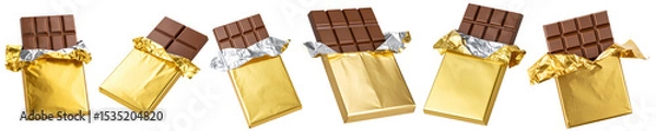 Obraz Set of milk chocolate bars partially unwrapped in golden foil packaging, showing different angles and bite positions cut out isolated Transparent PNG Elements