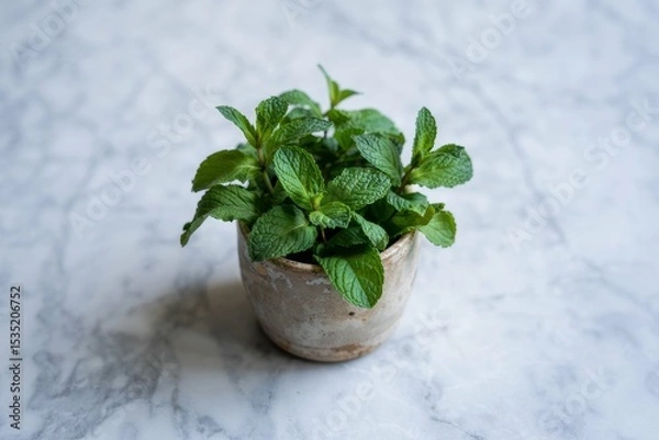 Fototapeta A photograph of freshly harvested raw mint leaves nestled inside a rustic ceramic cup on a cool, polished marble surface