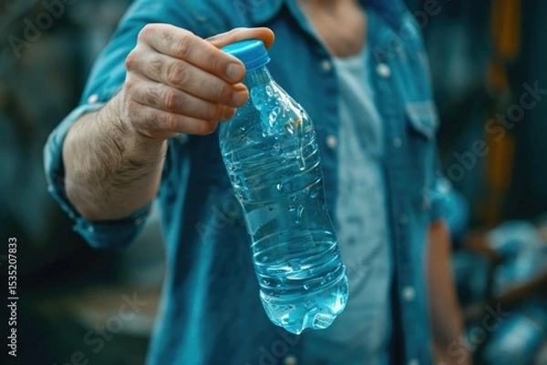 Fototapeta High Resolution Image of a Man in a Blue Shirt is Holding a Bottle of Recycling in His Hand