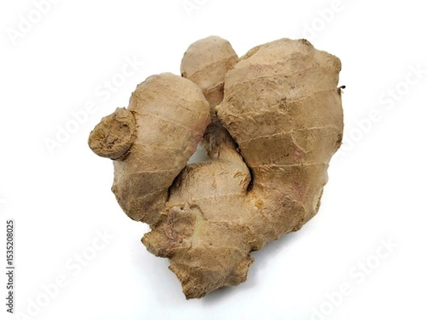 Fototapeta Top view of a fresh ginger root with natural knobby texture and earthy brown skin, isolated on a white background.
