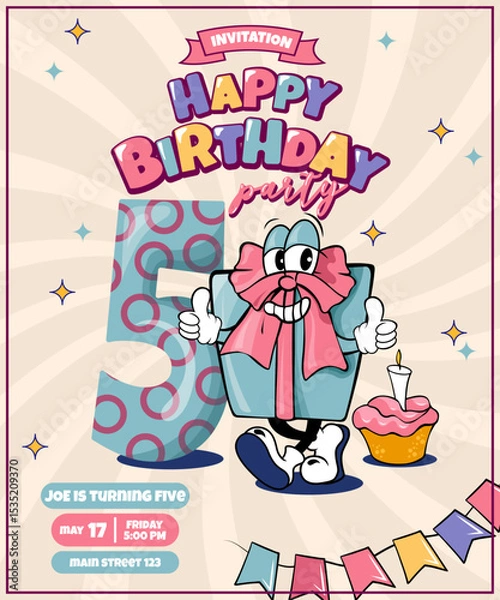 Fototapeta happy birthday party invitation card with retro groovy character  present and number 5