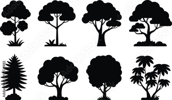 Fototapeta Black and white tree silhouettes illustration of forest landscape elements