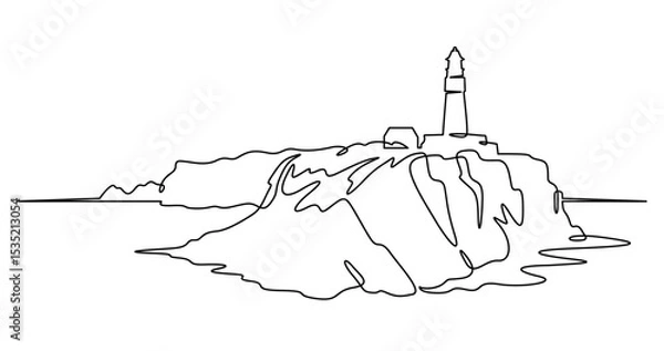 Fototapeta Continuous one line drawing lighthouse on a rocky cliff. Lighthouse on the seashore.One continuous line isolated minimal illustration.Not AI.