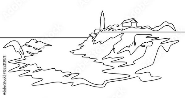 Fototapeta Continuous one line drawing lighthouse on a rocky cliff. Lighthouse on the seashore.One continuous line isolated minimal illustration.Not AI.