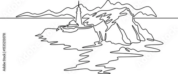 Fototapeta Continuous one line drawing lighthouse on a rocky cliff. Lighthouse on the seashore.One continuous line isolated minimal illustration.Not AI.