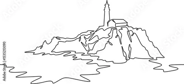 Fototapeta Continuous one line drawing lighthouse on a rocky cliff. Lighthouse on the seashore.One continuous line isolated minimal illustration.Not AI.