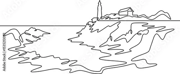 Fototapeta Continuous one line drawing lighthouse on a rocky cliff. Lighthouse on the seashore.One continuous line isolated minimal illustration.Not AI.