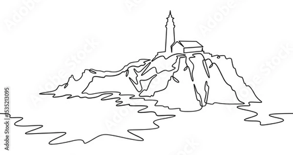 Fototapeta Continuous one line drawing lighthouse on a rocky cliff. Lighthouse on the seashore.One continuous line isolated minimal illustration.Not AI.