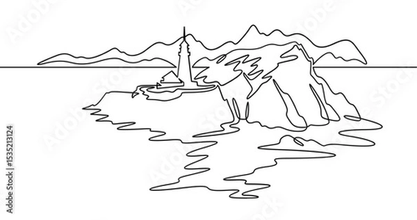 Fototapeta Continuous one line drawing lighthouse on a rocky cliff. Lighthouse on the seashore.One continuous line isolated minimal illustration.Not AI.