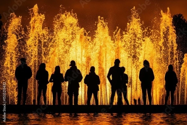 Fototapeta flawless visual of silhouette photography of people in front of water fountain