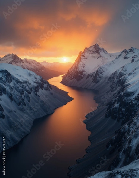 Obraz A beautiful northern landscape at sunset, with snow-covered mountains and a lake.