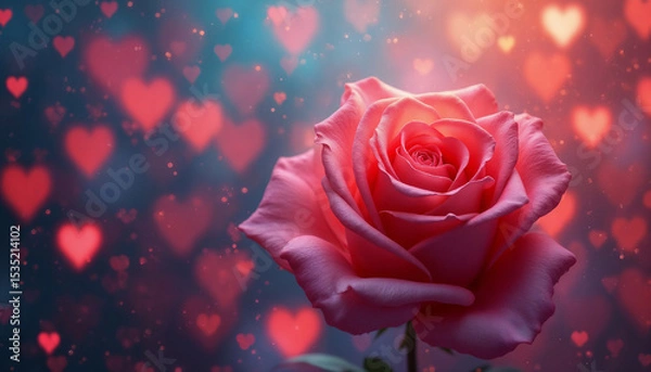 Obraz a soft pink rose flower on an abstract bokeh background with hearts and lights, an abstract backdrop for the Valentine's Day celebration