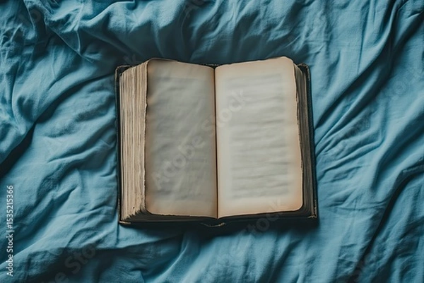 Fototapeta High Definition Picture of Overhead View of Open Book on Bed