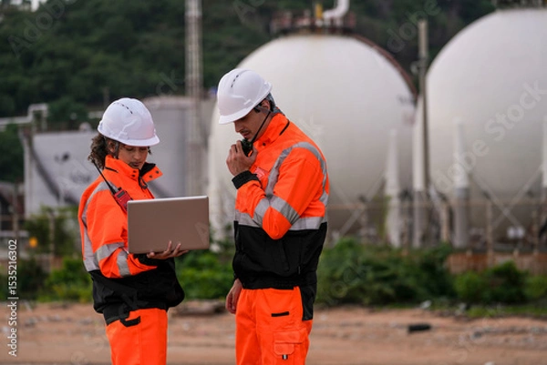 Fototapeta Two industrial engineers in safety suits working at a coastal energy facility. They discuss inspection data with a laptop and walkie talkie near large spherical gas storage tanks.