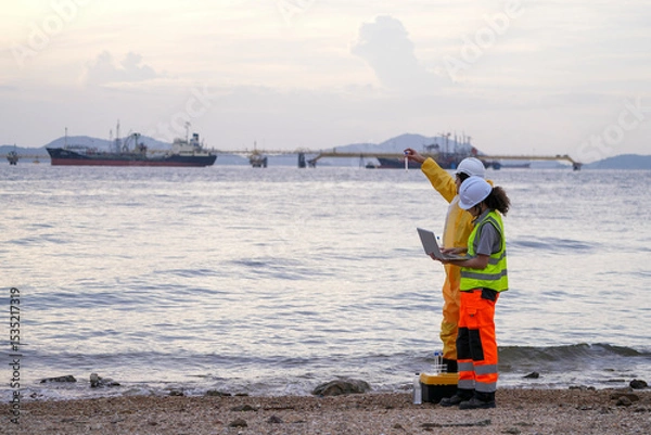 Fototapeta Two environmental engineers perform ocean water sampling and digital analysis near an industrial port. One holds a test tube while the other enters data on a laptop by the shoreline.