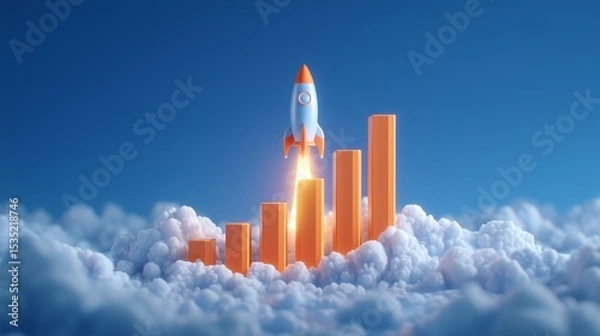 Obraz 3D rocket launching from ascending bar chart into sky surrounded by clouds representing growth, success, business boost and innovation