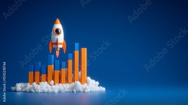 Obraz Rocket launching vertically from dual-tone orange-blue bar graph resting on clouds symbolizing startup success and financial growth