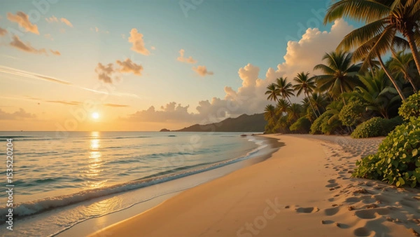 Fototapeta Sunrise at Tropical Beach with Palm Trees and Calm Ocean