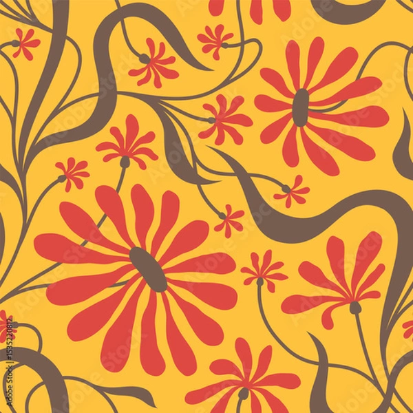 Fototapeta YELLOW  SEAMLESS VECTOR BACKGROUND WITH RED CONVOLVULUS