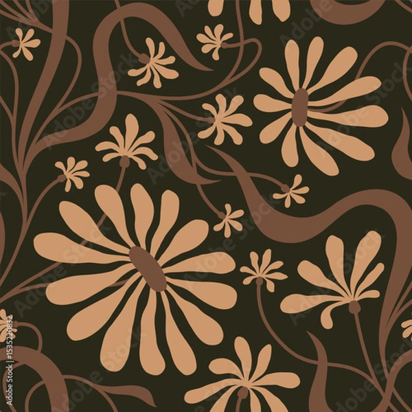 Fototapeta DARK GREEN  SEAMLESS VECTOR BACKGROUND WITH BEIGE CONVOLVULUS