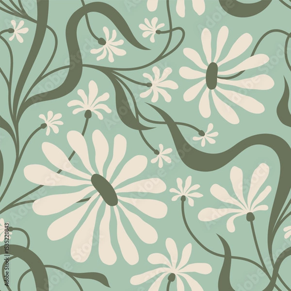 Fototapeta MINT GREEN  SEAMLESS VECTOR BACKGROUND WITH BEIGE CONVOLVULUS