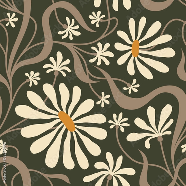 Fototapeta DARK GREEN SEAMLESS VECTOR BACKGROUND WITH BEIGE CONVOLVULUS