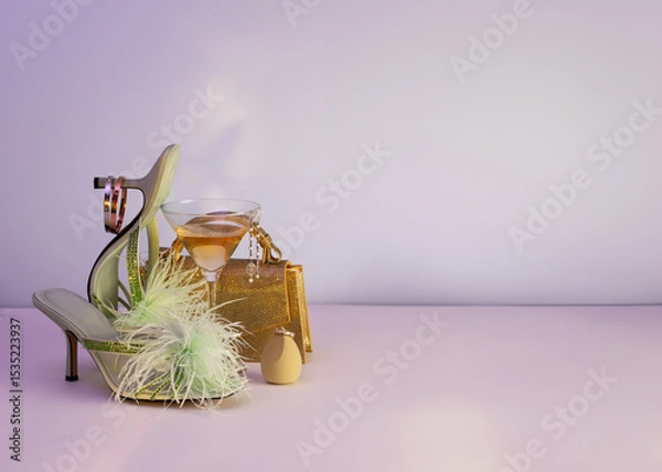Fototapeta High heels and sparkling clutch rest with a champagne glass and toned background with copy space, summer night party concept