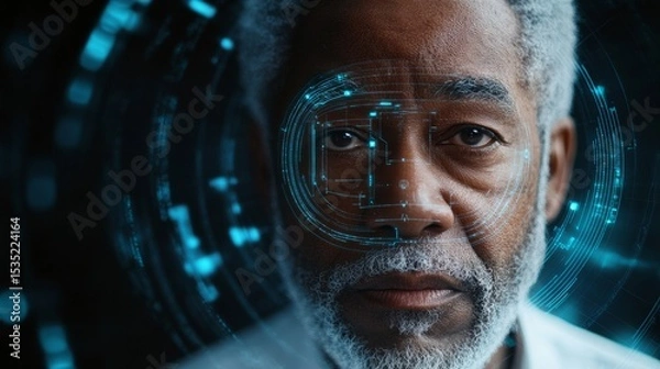 Obraz African American man with gray beard gazes confidently at the camera, surrounded by digital technology elements, showcasing innovation and the future of artificial intelligence