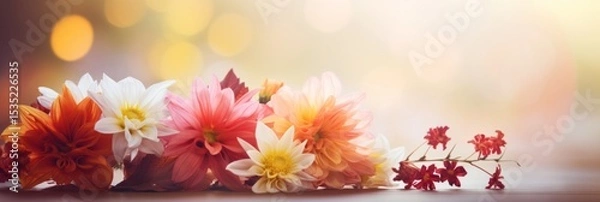 Fototapeta Colorful arrangement of vibrant flowers in various shades, showcasing delicate petals and lush greenery, creating a serene and inviting atmosphere with soft bokeh background