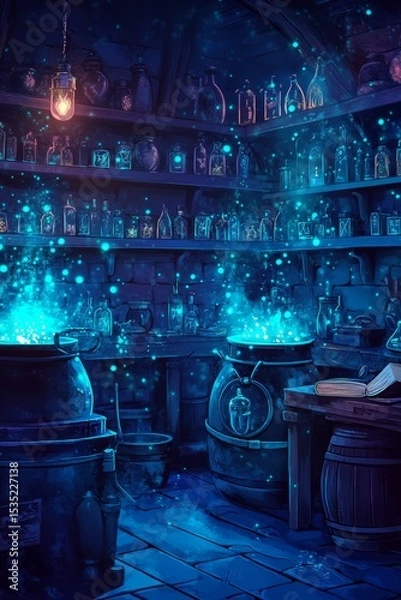 Obraz Enchanted potion workshop with glowing cauldrons, shelves filled with mystical bottles, and a magical ambiance, creating a captivating atmosphere for fantasy storytelling