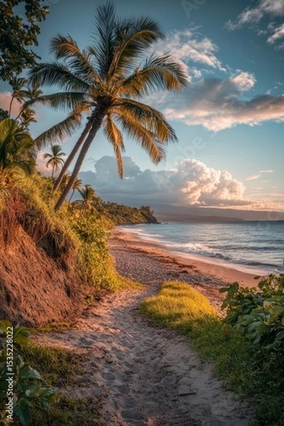 Obraz Scenic tropical beach pathway lined with palm trees, leading to the ocean under a vibrant sunset sky, creating a serene and inviting atmosphere for relaxation and escape