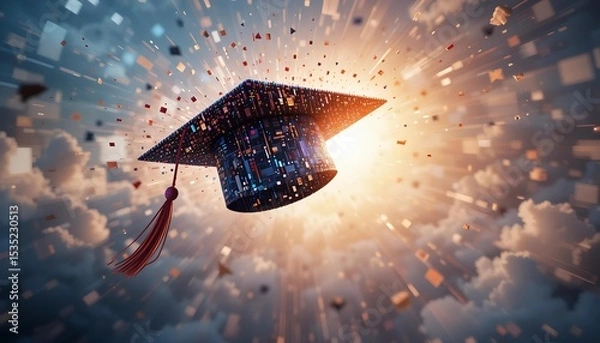 Obraz Graduation cap transforming into flying digital pixels, symbolizing transition into the tech-driven professional world
