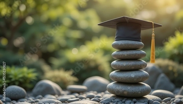 Obraz Graduation cap balanced on stack of stones in zen garden, symbolizing discipline, balance, and mental peace through learning