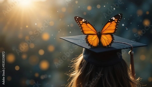 Obraz Graduation cap with butterfly wings, symbolizing personal evolution, freedom, and leaving the cocoon of school