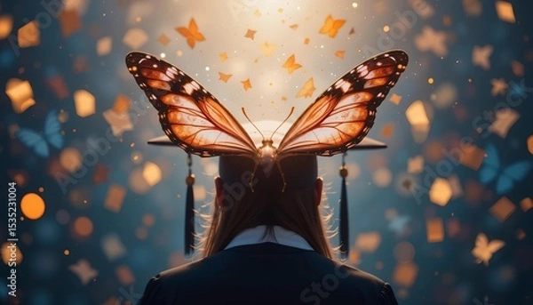 Obraz Graduation cap with butterfly wings, symbolizing personal evolution, freedom, and leaving the cocoon of school