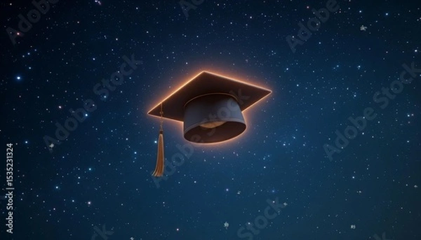 Obraz Glowing graduation cap floating in the starry night sky, symbolizing dreams, aspirations, and limitless potential