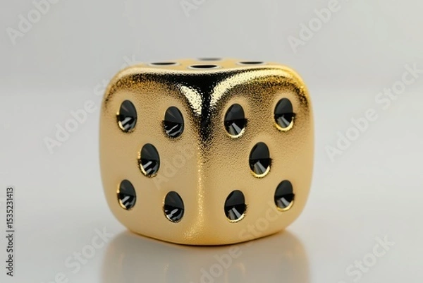 Fototapeta A shiny gold dice with a smooth reflective surface and black dots on a white background exudes luxury and elegance, perfect for showcasing themes of chance and high-end design.