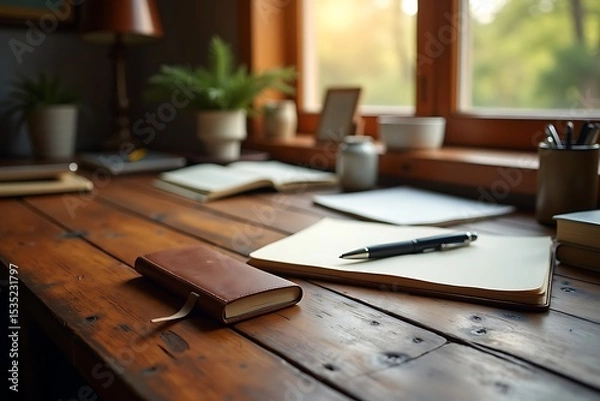 Obraz Rustic wooden desk with leather notebook and pen