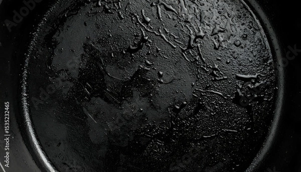 Fototapeta close-up top view of black cast iron skillet surface with oily sheen and cooking residue, abstract dark kitchen texture background
