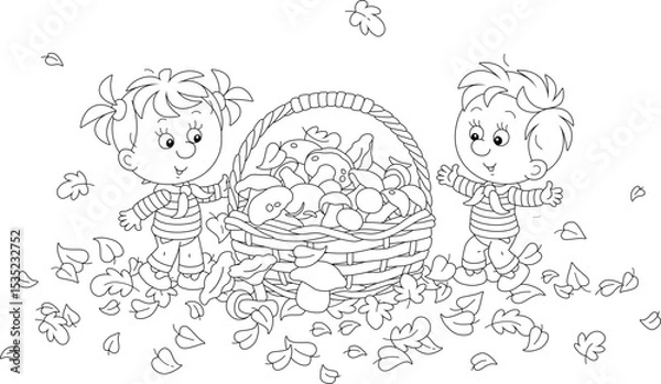 Obraz Happy little girl and boy mushroomers and a big wicker basket full of edible mushrooms among fallen leaves on a forest glade, black and white vector cartoon illustration for a coloring book