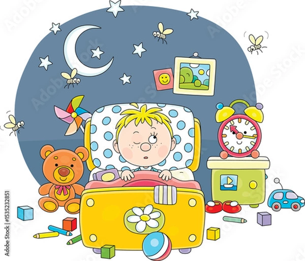 Obraz Angry and annoying mosquitoes buzzing around a little boy sleeping in his small bed among toys in a pretty nursery room on a moonlit night, vector cartoon illustration