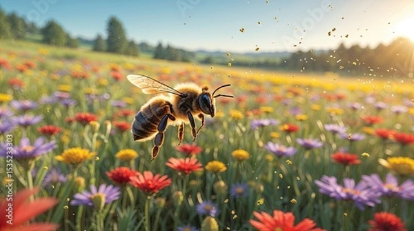 Fototapeta POV view of a honey bee hovering over a vibrant flower meadow, collecting pollen amidst a colorful display of blossoms during the warm spring season, with sunlit trees in the background
