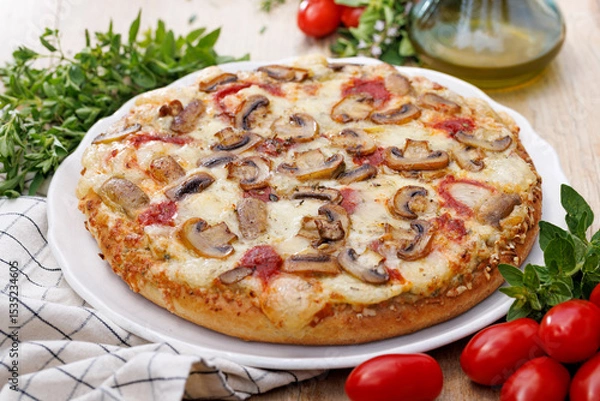 Obraz Mushroom pizza with sliced champignon and cheese on a white plate