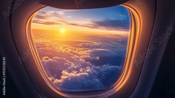 Obraz Airplane window view showcasing a breathtaking sunset over fluffy clouds, with warm golden light illuminating the sky, creating a serene and tranquil atmosphere during flight