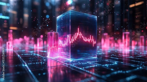 Fototapeta Digital visualization of data analysis with holographic cubes and a graph on their surface. Abstract cyberpunk scene