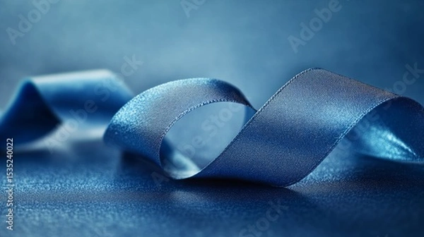 Obraz Blue satin ribbon elegantly twisted on a textured surface, showcasing its glossy sheen and smooth fabric, perfect for decorative purposes and creative projects